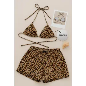 ieg™ Kadın Leopar Desenli Şortlu Belden ve Boyundan Bağlamalı Bikini Takımı