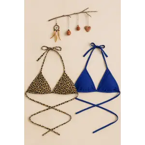 ieg™ Kadın Leopar Desenli ve Mavi Minimal Kesim Üçgen Bikini Üstü