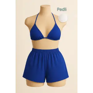 ieg™ Kadın Mavi Şortlu Belden ve Boyundan Bağlamalı Bikini Takımı