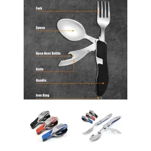  Katlanabilir Sofra Bıçak Kaşık Çatal 4in1 Yemek Kaşığı Paslanmaz Çelik Şişe Açacağı Taşınabilir Sof