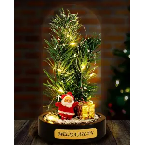 Kişiye Özel Hediye Noel Baba ve Çam Ağacı Temalı Led Işıklı Fanus