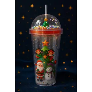 Noel Baba & Yılbaşı Temalı Pipetli Suluk  450 ML Çift Katman Mika Su Şişesi 2768