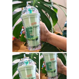 Sevimli Dino Temalı Çift Katman 450 ml Suluk Pipetli Mika Matara Yeşil 2769