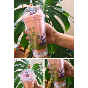 Sevimli Panda Temalı Çift Katman 450 ml Suluk Pipetli Mika Matara Pembe 2770