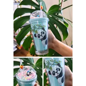 Sevimli Panda Temalı Çift Katman 450ml Suluk Pipetli Mika Matara Mavi 2770