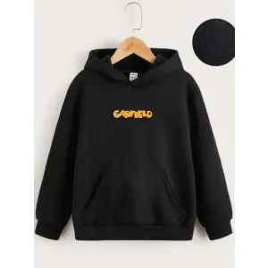 iegiyim™ Çocuk Unisex Kapüşonlu Ön ve Arka Garfield Baskılı Sweatshirt - Siyah