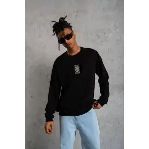 iegiyim™ ERKEK 3 İplik Pamuklu Bisiklet Yaka Baskılı Oversize Sweatshirt - Siyah
