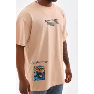 iegiyim™ Erkek  Bisiklet Yaka Baskılı Oversize T-Shirt - Bej