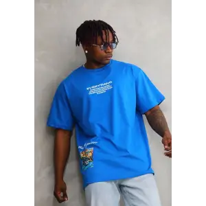 iegiyim™ Erkek Bisiklet Yaka Baskılı Oversize T-Shirt - Mavi