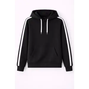 iegiyim™ Erkek Şeritli Kapüşonlu Sweatshirt Oversize 3 iplik Pamuklu Hoodei - Siyah