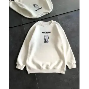 iegiyim™ Kadın 3 iplik Kışlık Bisiklet Yaka Baskılı SweatShirt - Beyaz