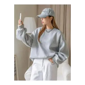 iegiyim™ Kadın 3 İplik Pamuklu Oversize Yarım Fermuarlı Yakalı Basic Sweatshirt - Gri