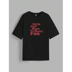iegiyim™ Kadın Baskılı Oversize Kısa kol T-shirt - Siyah