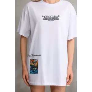 iegiyim™ kadın Bisiklet Yaka Baskılı Oversize T-Shirt - Beyaz
