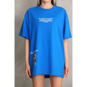 iegiyim™ kadın Bisiklet Yaka Baskılı Oversize T-Shirt - Mavi