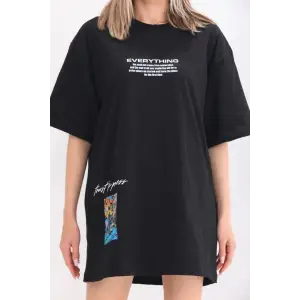 iegiyim™ kadın  Bisiklet Yaka Baskılı Oversize T-Shirt - Siyah