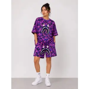iegiyim™ Kadın Oversize Kalıp Pubg Bape X Shark Nakışlı Cepli Şort Takım - Mor