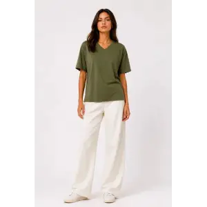 iegiyim™ Kadın V Yaka Basic Tişört Kısa Kol Yazlık Regular Fit T-Shirt - Haki