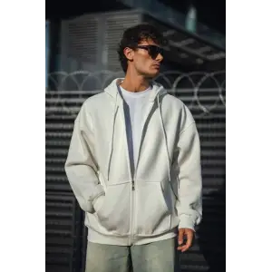 Oversize Tam Fermuarlı Uzun Kol Hırka - Beyaz