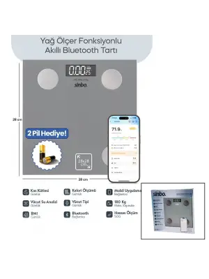 Gri Yağ Ölçer Akıllı Bluetooth Cam Baskül Pilli 180kg/50gr 28x28cm 8-kişi Hafıza Lcd Ekran ℃ Gösterge Sbs-4469
