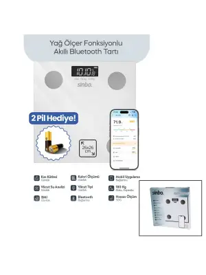 Beyaz Yağ Ölçer Akıllı Bluetooth Cam Baskül Pilli 180kg/50gr 26x26cm 8-kişi Hafıza Lcd Ekran ℃ Gösterge Sbs-4472