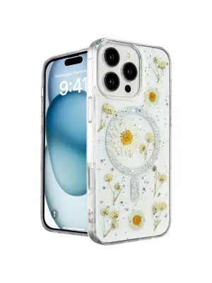 Apple İphone 16 Pro Max Kılıf Daisy Simli Magsafe Kapak - Gümüş