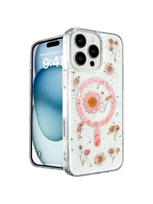 Apple İphone 16 Pro Max Kılıf Daisy Simli Magsafe Kapak - Pembe