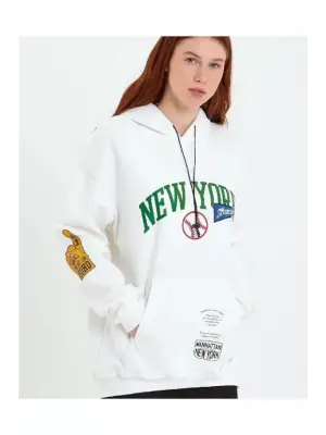 Baskılı Kapüşonlu Sweatshirt - Beyaz
