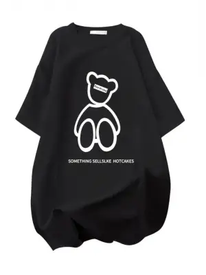 Baskılı Oversize Bisiklet Yaka T-shirt - Siyah