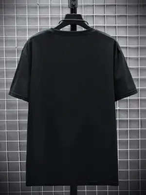 Baskılı Oversize Bisiklet Yaka T-shirt - Siyah