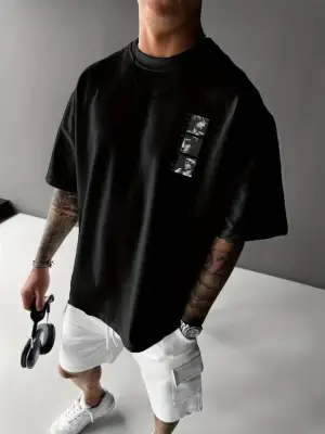 Baskılı Oversize Bisiklet Yaka T-shirt - Siyah