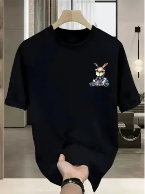 Baskılı Oversize Bisiklet Yaka T-shirt - Siyah
