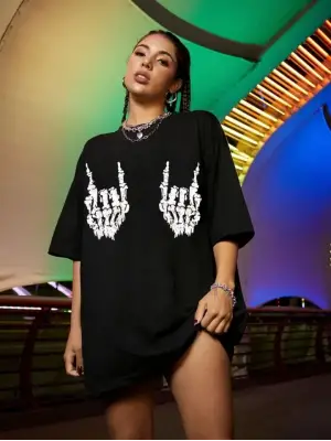 Baskılı Oversize T-shirt - Siyah