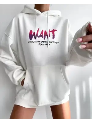 Baskılı Üç İplik Kapüşonlu Oversize Sweatshirt - Beyaz