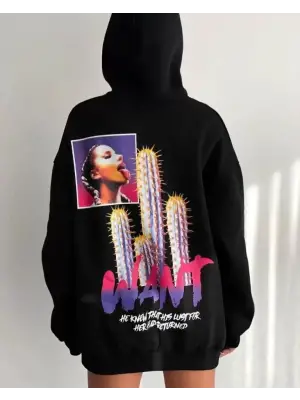 Baskılı Üç İplik Kapüşonlu Oversize Sweatshirt - Siyah