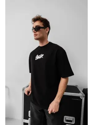 Erkek Baskılı Oversize T-shirt - Siyah