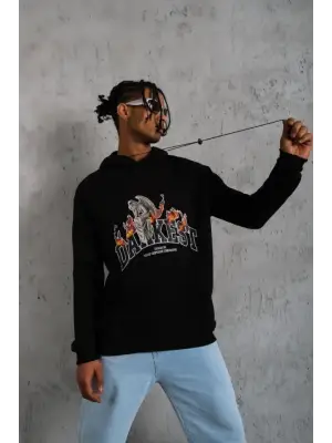 Erkek DANKES Baskılı Kapüşonlu Sweat - Siyah