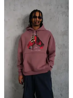 Erkek Eldiven Baskılı Kapüşonlu Sweat - Gül Kurusu