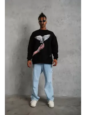 Erkek Güvercin Baskılı Sweatshirt - Siyah