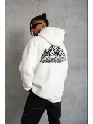Erkek Nihilist Penguen Temalı Oversize Kapüşonlu Sweatshirt - Beyaz