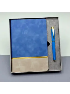 Gold Şeritli Mavi Defter Ve Kalem Seti