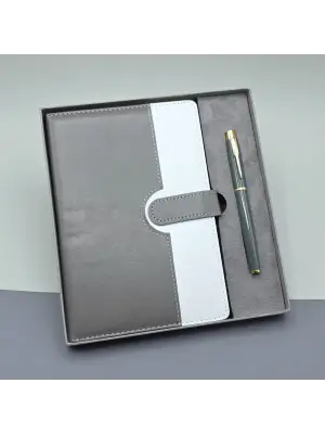Gri Kutulu Deri Defter Roller Kalem Set