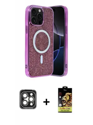 ieg™ iPhone 15 Pro Max Kılıf Eksen Çizgi - Siyah Buffer Cam Ekran Koruyucu + PVD Metal Kamera Lens - GI