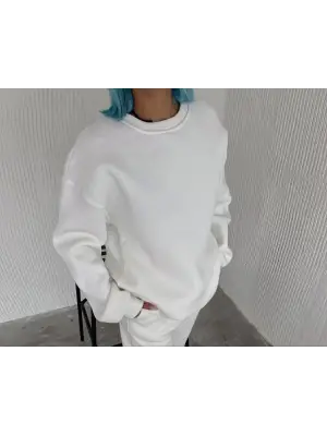 iegiyim™ Kadın Bisiklet Yaka 3 İplik Pamuklu Basic SweatShirt - Beyaz