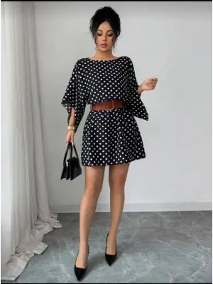 Kadın Puantiyeli örme Krep Mini Elbise (kemersiz)