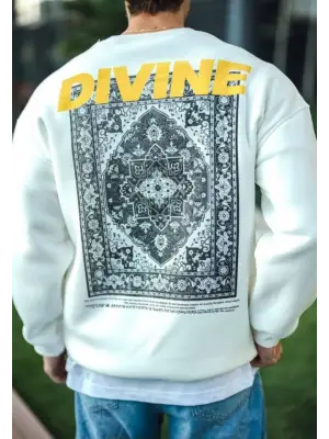 Kışlık Bisiklet Yaka Baskılı SweatShirt - Beyaz