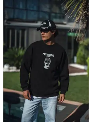 Kışlık Bisiklet Yaka Baskılı SweatShirt - Siyah