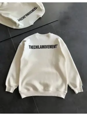 Kışlık Bisiklet Yaka Oversize Baskılı SweatShirt - Beyaz