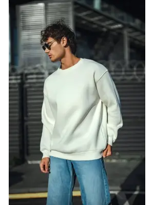 Kışlık Bisiklet Yaka Üç İplik Basic SweatShirt - Beyaz