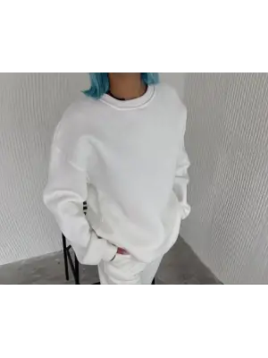 Kışlık Bisiklet Yaka Üç İplik Basic SweatShirt - Beyaz